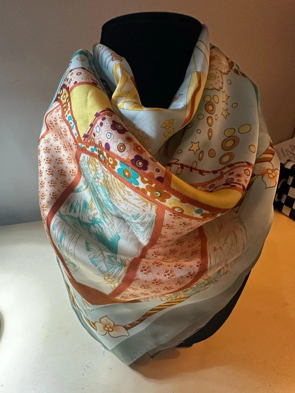 Silk-Feel Floral Panel Scarf in Yellow, Blue & Cream